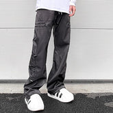Hearujoy Side Elastic Waist Drawstring Black Cargos for Men Pantalones Hombre Baggy Y2k Straight Overalls Oversized Functional Trousers